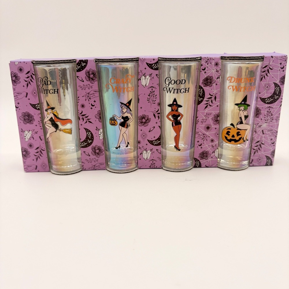 Halloween Iridescent Witch Shooter Glass Set of 4 Pinup Style Barware